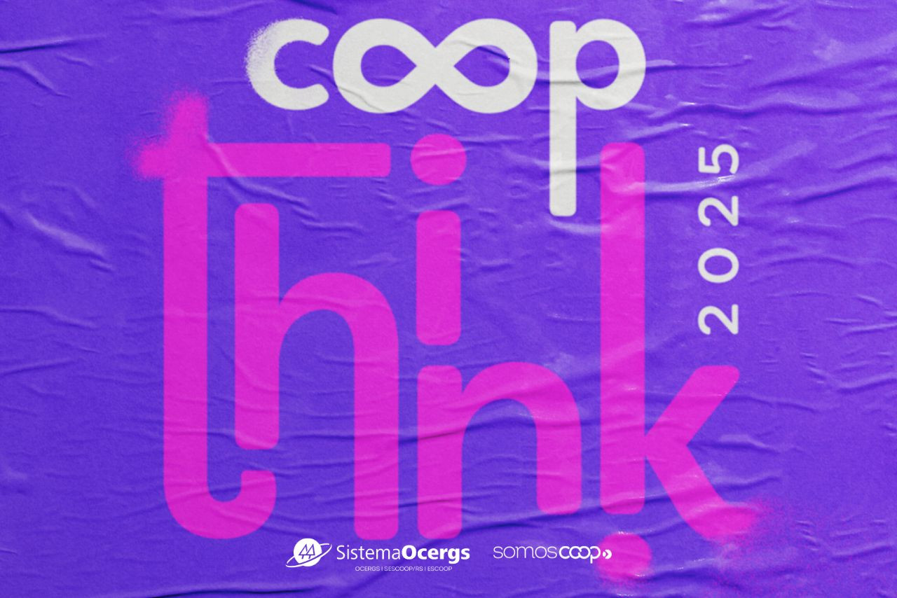Cartaz em fundo roxo com texto “Coop Think 2025” em destaque. Mostra a frase “O futuro do coop transformando o agora” e informa que as inscrições estão abertas para evento do Sistema Ocergs em 27 e 28 de maio.
