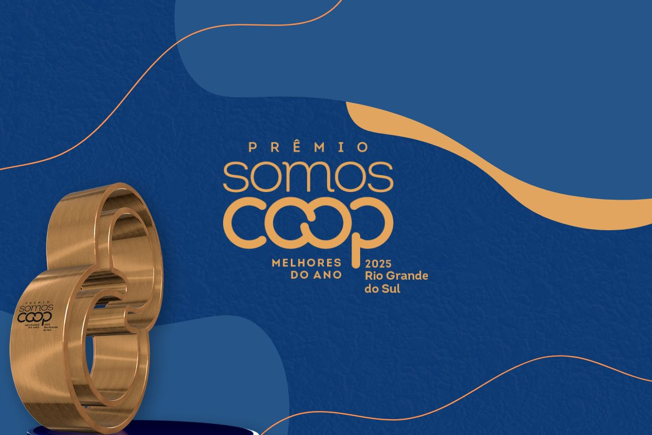 Imagem promocional do Prêmio SomosCoop Melhores do Ano 2025 – Rio Grande do Sul, com destaque para o troféu dourado em fundo azul e informações sobre o reconhecimento de boas práticas cooperativistas no estado.